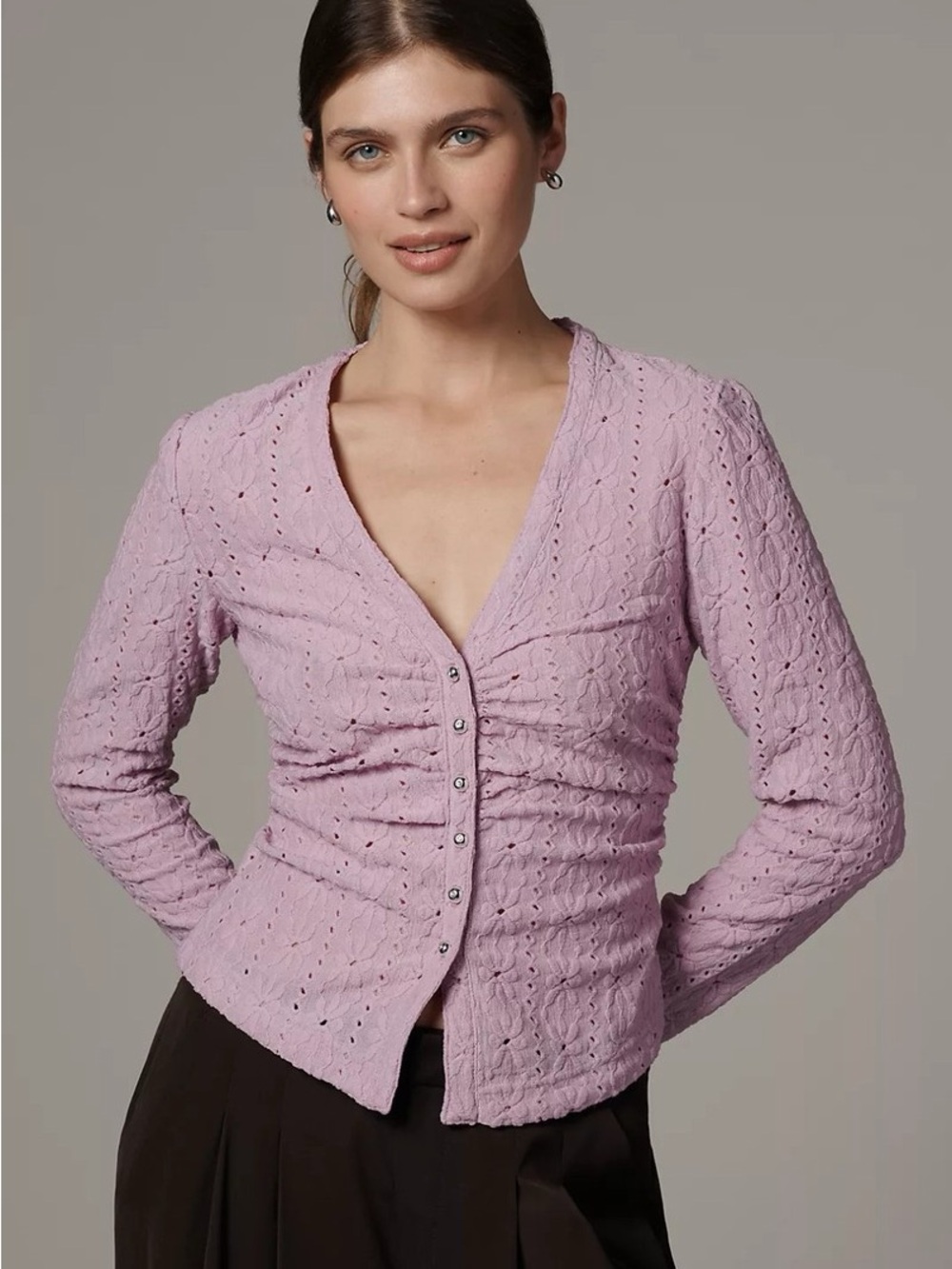 Maeve Anthropologie Lavender Button-Front Eyelet Knit Blouse